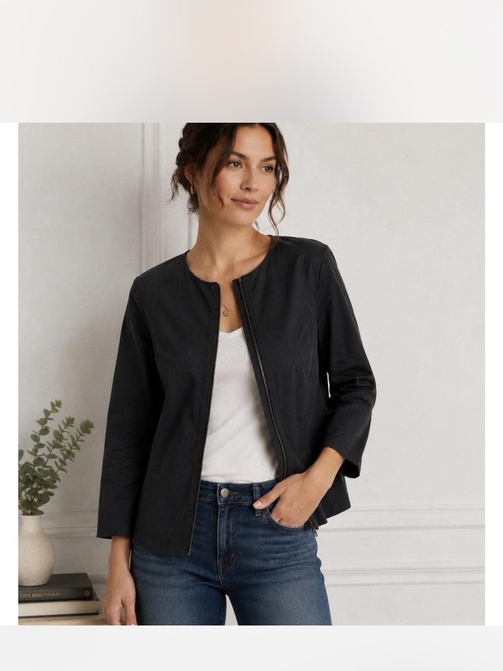 Ellen Tracy Black Collarless Zip Jacket